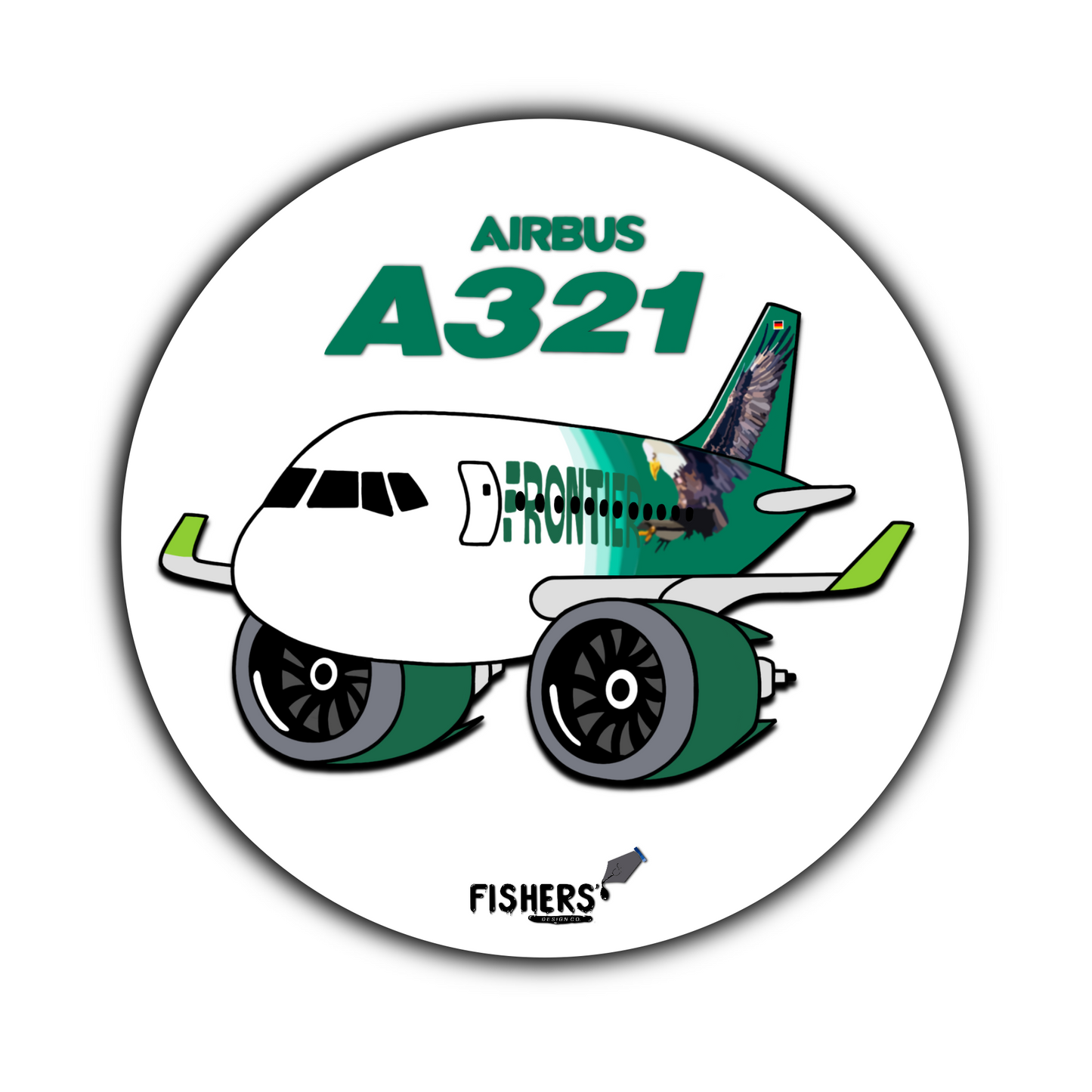 Frontier Airlines A321 3" Circular Cartoon Airline Sticker!